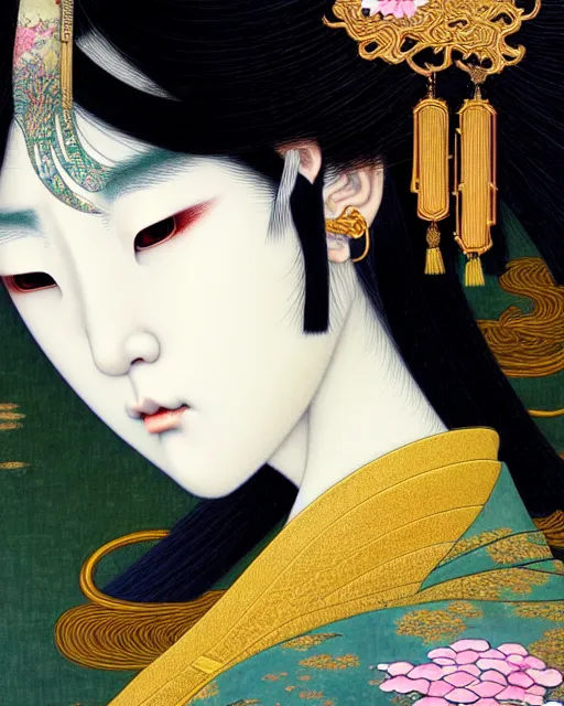 Prompt: portrait of a beautiful japanese goddess, great beauty, esoteric, muted colors, head in focus, fantasy art, ornamental aesthetics, intricate, elegant, highly detailed, hyperrealistic painting, artstation, concept art, painterly, sharp focus, illustration, art by chie yoshii