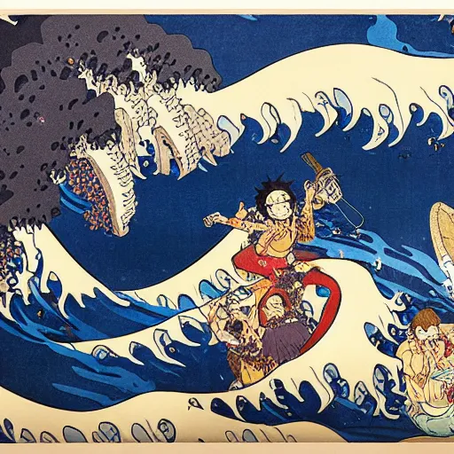 Image similar to a hokusai painting masterpiece exposed in Paris : the vogue merry ship of luffy from one piece sailing on the wave of hukusai This 4K HD image is Trending on Artstation, featured on Behance, well-rendered, extra crisp