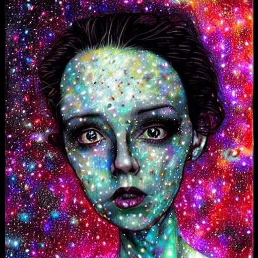 Image similar to woman portrait made out of galaxies, beautiful, cyborg, tim burton comic book art, realistic, highly detailed