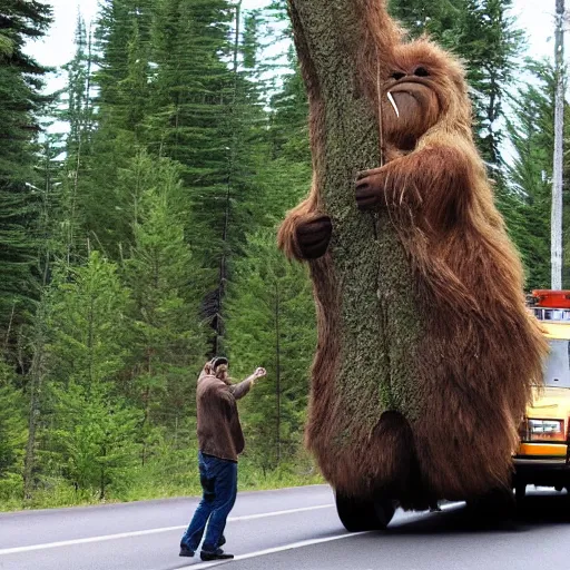 Image similar to Sasquatch in the forest tossing a big tree into highway traffic