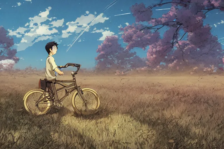 Image similar to a boy riding his bike alone through the plains of rural japan, high intricate details, rule of thirds, golden ratio, cinematic light, anime style, graphic novel by fiona staples and dustin nguyen, by beaststars and orange, peter elson, alan bean, studio ghibli, makoto shinkai