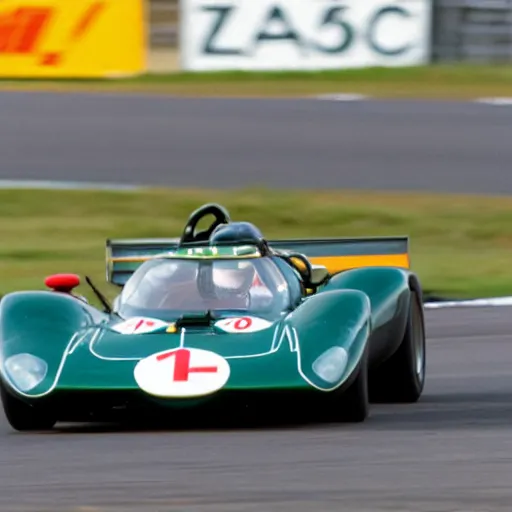 Prompt: a 1 9 6 9 lola t 1 6 3 driving on a racetrack