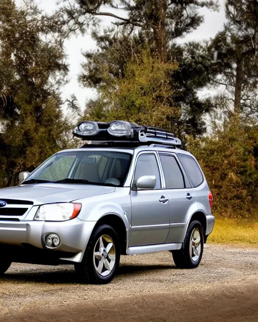 Prompt: 2 0 0 3 subaru forester xs, silver, studio lighting, photo, extremely detailed, artistic photography, 8 k, trending, very accurate,