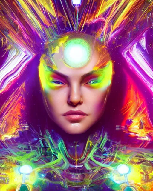 Image similar to a powerful energy psychedelic matrix queen, by alexander fedosav, hyper detailed digital matte painting, concept art, hyperrealism, 1 6 k resolution, cinema 4 d, 8 k resolution, trending on artstation, behance hd, a masterpiece, by stephan martiniere, particles, cel - shaded, power bright neon energy, by david a. hardy,