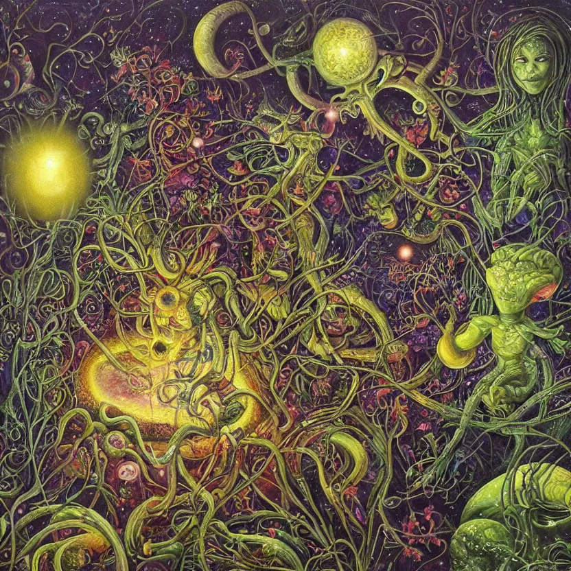 Prompt: painting of aliens in a garden at night by hannah yata and r. s. connett.