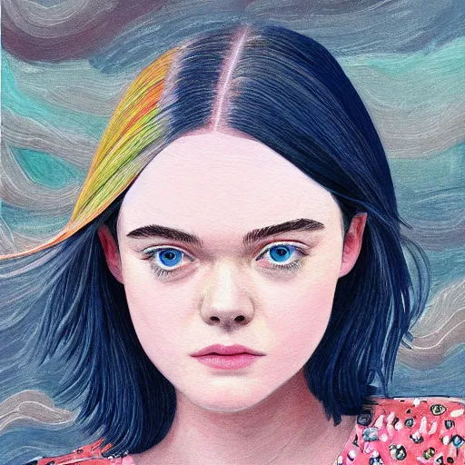 Prompt: professional painting of Elle Fanning in the style of Naomi Okubo, head and shoulders portrait, symmetrical facial features, smooth, sharp focus, illustration, intricate, stormy weather, extremely detailed masterpiece,