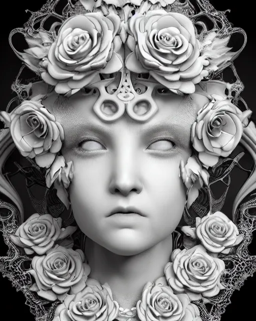 Image similar to bw dreamy close - up profile face, beautiful young porcelain intricate steampunk bio - mechanical vegetal - dragon - cyborg - female, white roses ornate metallic armour, white fluffy feathers, fine mandelbrot fractal lace, 1 5 0 mm, soft rim light, elegant, hyper real, ultra detailed, octane render, hg giger, 1 6 k