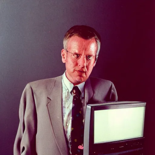 Prompt: portrait of a man in business suit with an old Tv as his head, 1980s, 35mm shot on film color photography