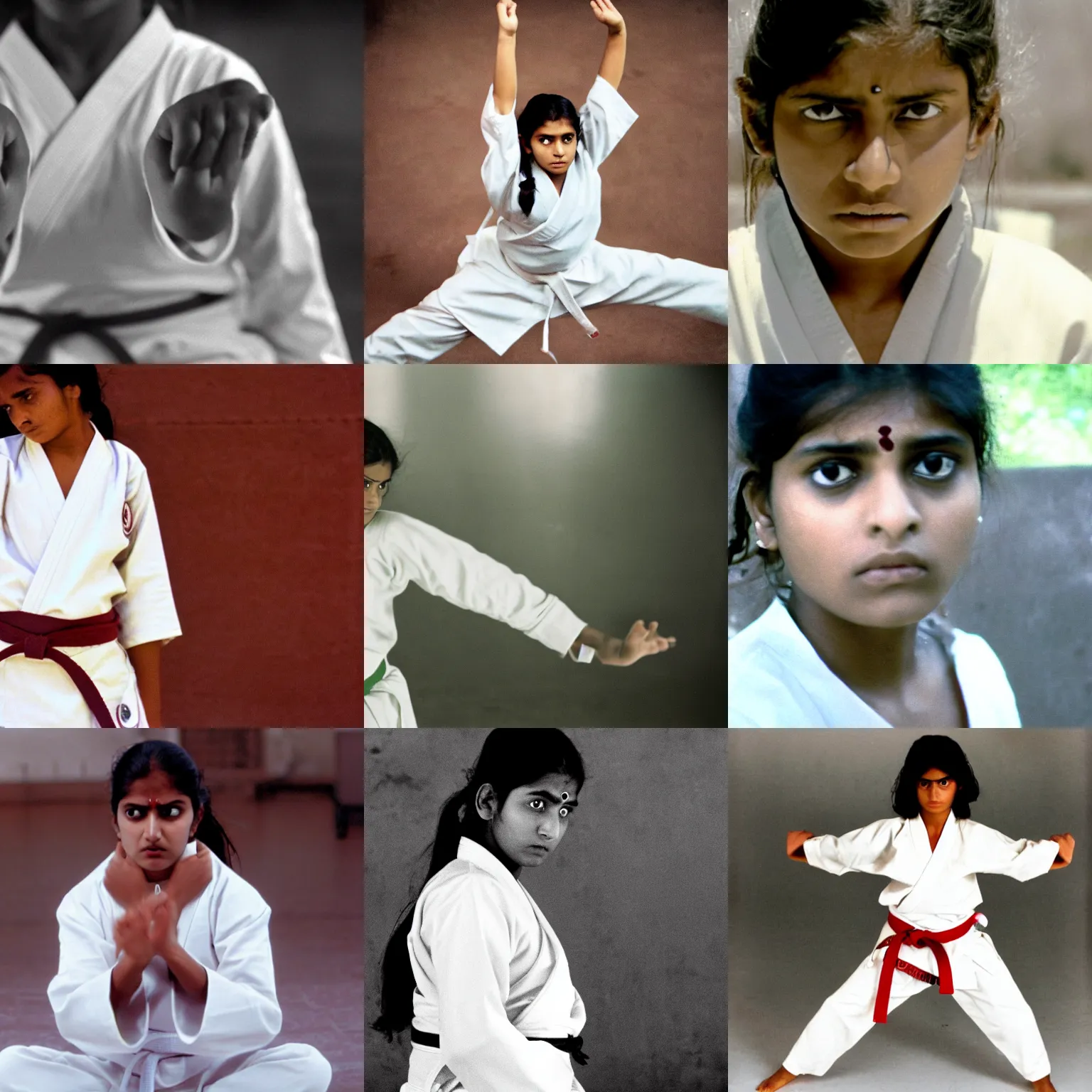 Prompt: Film still, teenage Indian girl wearing a white karate gi, determined expression, arms folded, low angle, shot from below, worms eye view