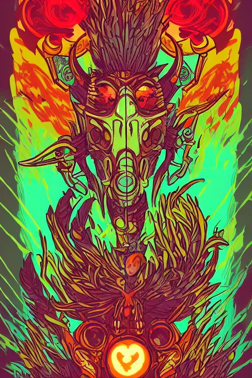 Image similar to totem animal mask tribal feather gemstone plant wood rock shaman vodoo video game vector illustration vivid color borderlands by josan gonzales and dan mumford radiating a glowing aura