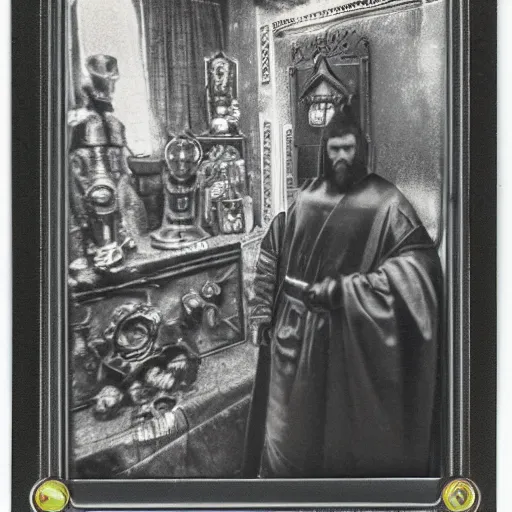 Prompt: ivan the terrible in his chamber in moscow in front of icon of iron man, polaroid, photo, high detail, wide lens,