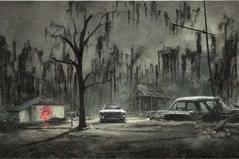 Prompt: scene from louisiana swamps, old protestant church with neon satanic pentagram, junkyard by the road, boy scout troop, voodoo artwork by tim eitel