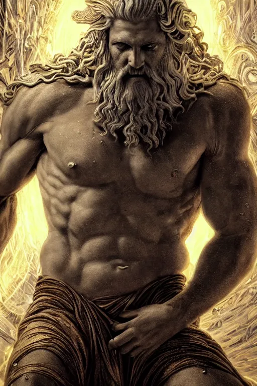 Image similar to hyperrealistic mixed media painting of zeus, full body, stunning 3 d render inspired art by p. craig russell and barry windsor - smith dim volumetric lighting, 8 k octane beautifully detailed render, post - processing, intricate, epic composition, grim yet sparkling atmosphere, cinematic lighting