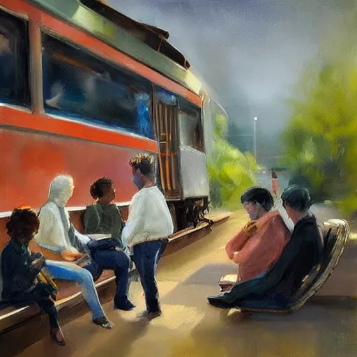 Prompt: A beautiful sculpture of a group of people waiting at a railway station. The people in the artwork are all waiting for a train that is about to arrive. Dexter's Lab by Alyssa Monks fine, calm