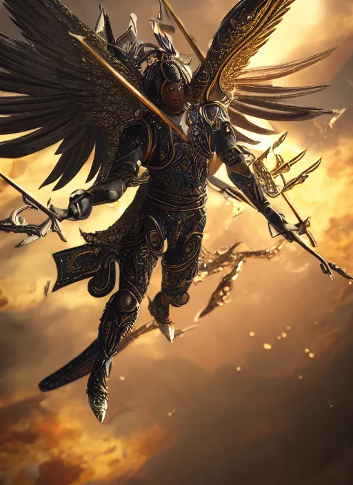 Image similar to archangel micheal flying in sky by huang guangjian, taekwon kim rostbite 3 engine, cryengine, dof, trending on artstation, digital art, chanel, dior, fantasy and detailed and intricate background