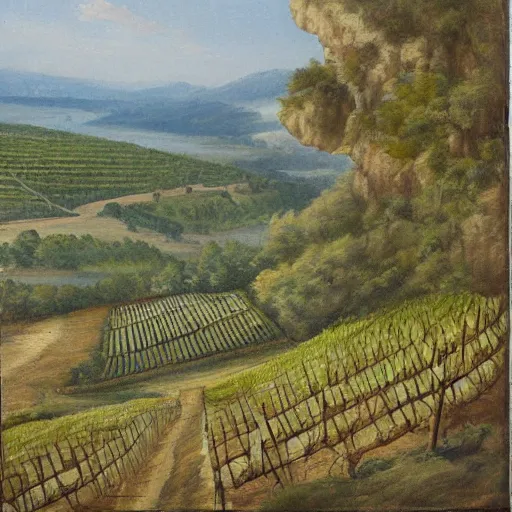 Image similar to highly detailed painting of a cliff side, at the bottom is a vineyard, in the distance you can see an ancient army with flags on the move, thick brush strokes, visible paint layers.