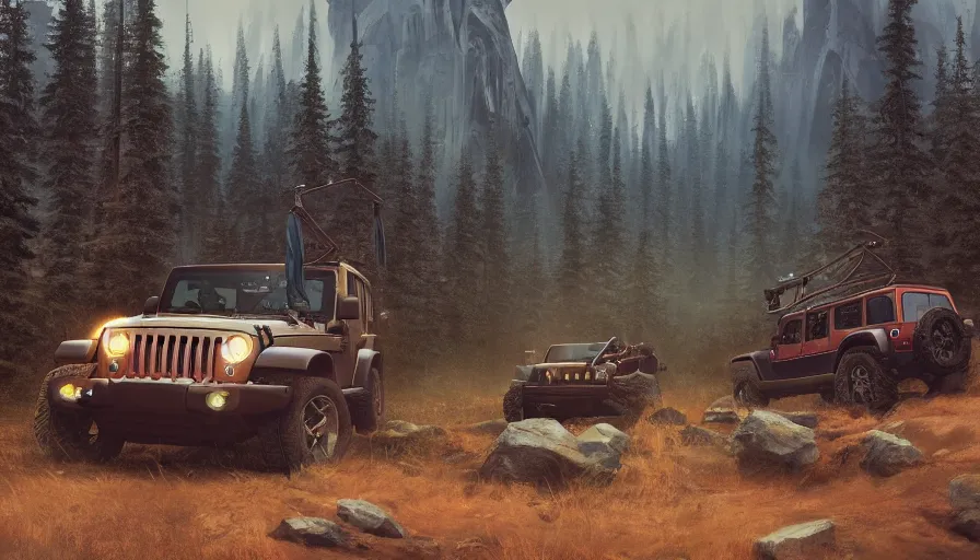 Image similar to single jeep wrangler, tribe members watching nearby, an epic fantasy, dramatic lighting, cinematic, establishing shot, extremely high detail, photorealistic, cinematic lighting, artstation, by simon stalenhag, horizon forbidden west