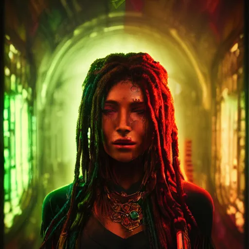 Image similar to Cyberpunk rasta woman, dark atmosphere, cinematic shot, intricate, ornate, photorealistic, ultra detailed, realistic, 35mm, photography, neon, octane, high definition, depth of field, bokeh, 8k, artstation, (alphonse mucha), (hr giger)