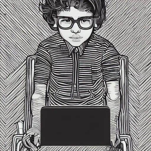 Prompt: illustration of a boy connected to his laptop with wires, highly detailed, by butcher billy, mcbess, rutkowski, james jean, 8 k, photorealistic