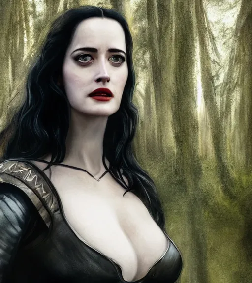 Image similar to 5 5 mm close up portrait photo of eva green as yennefer of vengerberg in black leather armor and long black fluff hair, in a forest. magical atmosphere. art by greg rutkowski. lifelike. very detailed 8 k. intricate. soft light. nikon d 8 5 0.