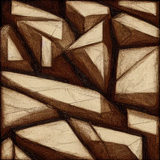 Image similar to masterpiece sketchy abstract intricate painting of detailed highly layered flat rocky material along a planer surface of rectangular shapes. highly geometric with visible thin pencil rough sketch lines slanting down. isometric angles. beautiful use of light and shadow to create a sense of a stony landscape. using architectural brushwork and a rich earthy color palette, providing a mathematical rough sketchy look.