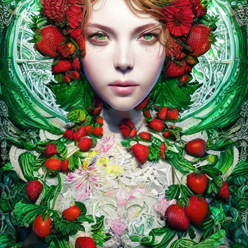 Image similar to the portrait of an absurdly beautiful, graceful, elegant, young woman made of strawberries and green petals, an ultrafine hyperdetailed illustration by kim jung gi, irakli nadar, intricate linework, bright colors, octopath traveler, final fantasy, angular, unreal engine 5 highly rendered, global illumination, radiant light, detailed and intricate environment