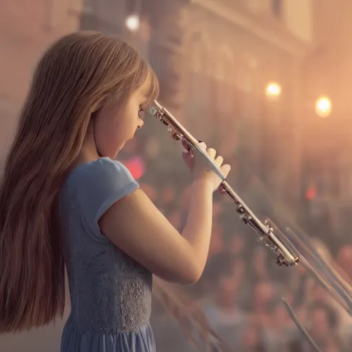 Prompt: a girl playing the flute while a crowd holds hands cinematic, hyper realism, octane render, 8 k, depth of field, bokeh.