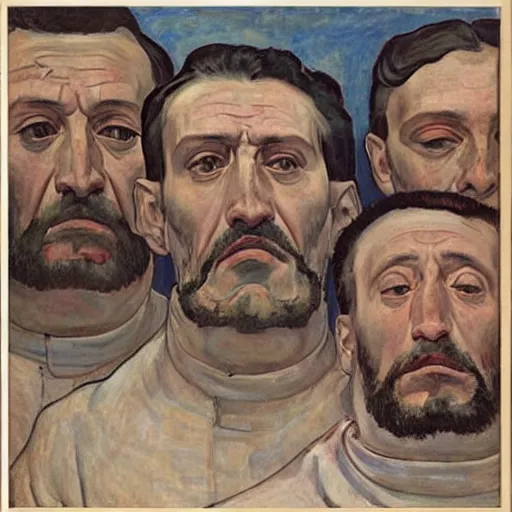 Image similar to faces of anxiet, xanax, painted by ferdinand hodler