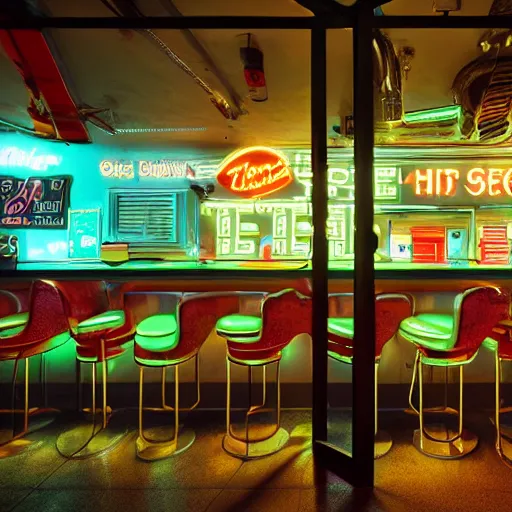 Prompt: wide angle photo of 60‘s retro diner interior, neon-decorated urban on night in the city seen through the window,modern interior design, architectural design, vintage, night blade runner, dark, postapocalyptic, clean lines, 4k, octane, colorful ,lunarcore city seen at distance outside, big windows,octane, wide angle