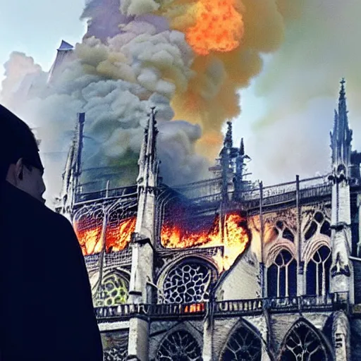 Prompt: “amogus from the game among us watching Notre dame burning down”