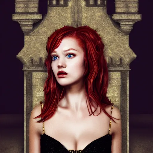 Image similar to redhead girl in black dress in beautiful castle, black pearls and golden gems, glowing eyes, light freckles, portrait, conceptart, medium shot, unreal, octane, symmetrical, photorealism