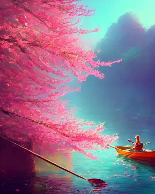 Image similar to a couple in a rowboat traveling down the river | cherry - blossoms | highly detailed | very intricate | serene romantic fantasy whimsical magical | soft bright natural morning light | pixar | award - winning | matte painting by anton fadeev and paul lehr and rhads and alena aenami | pastel color palette | featured on artstation