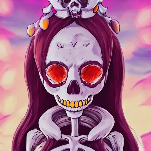 Image similar to manga fine details portrait of joyful skull girl skeleton, bokeh. The Simpsons anime masterpiece by Studio Ghibli. 8k render, sharp high quality anime illustration in style of Ghibli, artstation