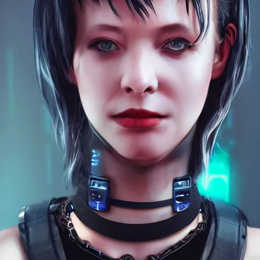 Prompt: realistic female character cyberpunk wearing technological collar around neck, realistic, art, beautiful, 4K, collar, choker, collar around neck, punk, artstation, detailed, female, woman, choker, dark,