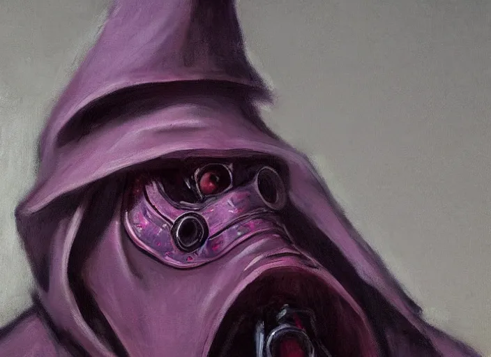 Prompt: a highly detailed beautiful portrait of a pink plague doctor, by gregory manchess, james gurney, james jean