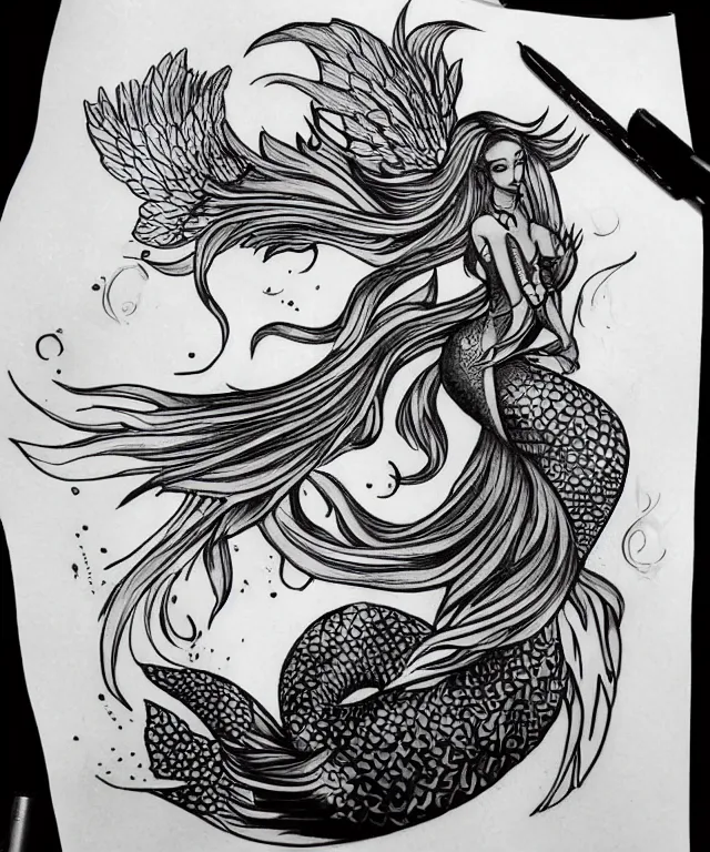 Image similar to tattoo design illustration, black ink on white paper, beautiful mermaid, full body