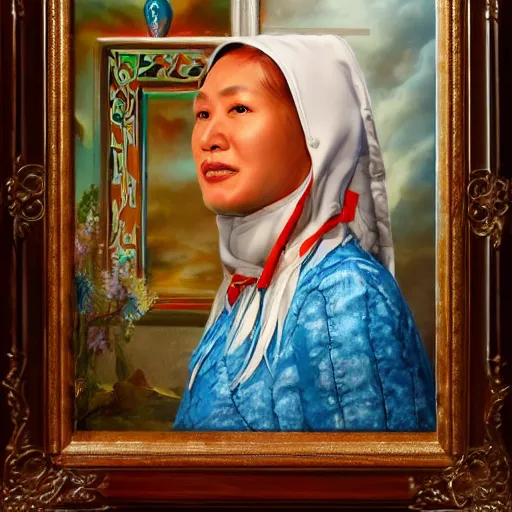 Image similar to portrait of an kyrgyzstani woman ( 3 5 ) from kyrgyzstan in 2 0 2 1, an oil painting by ross tran and thomas kincade
