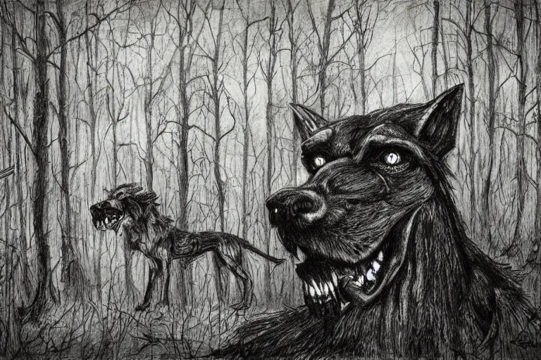 Image similar to mad creepy hellhound watching us in forest artwork by ben templesmith