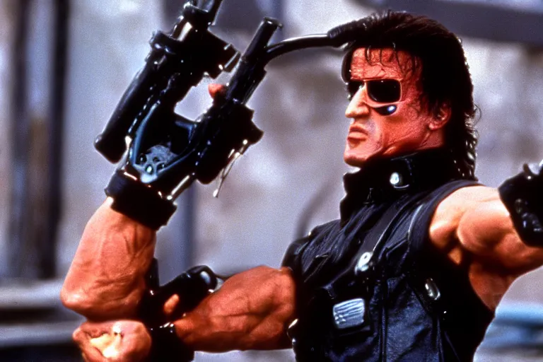 Image similar to a film still of Sylvester Stallone as the Terminator from the movie Terminator 2: Judgment Day (1991)