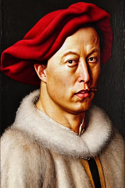 Prompt: portrait of elon musk, oil painting by jan van eyck, northern renaissance art, oil on canvas, wet - on - wet technique, realistic, expressive emotions, intricate textures, illusionistic detail