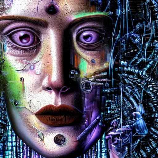 Image similar to full face close up portrait, sandman's visions of chaos in a cybernetic dream, by peter woodroffe, by igor morski, by laurie lipton, in a jungle, cinematic lighting, volumetric lighting, neosurrealism, realistic shadows, particle effects, rendered in octane, noir, electric, cosmic, cybernetics, dream