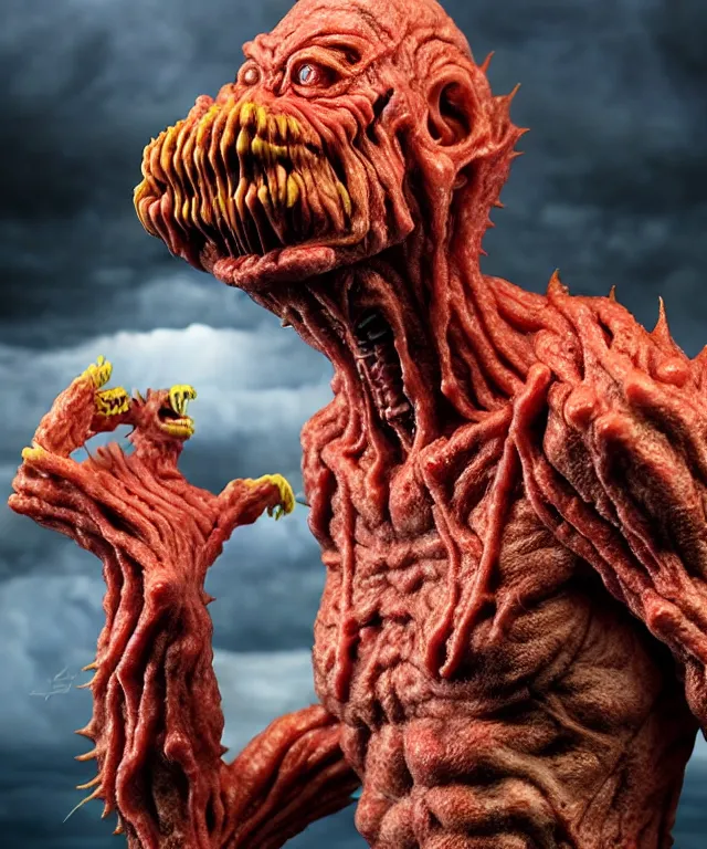 Prompt: hyperrealistic rendering, epic boss battle, cronenberg flesh monster, by art of skinner and richard corben, product photography, collectible action figure, sofubi, hottoys, storm clouds, outside, lightning