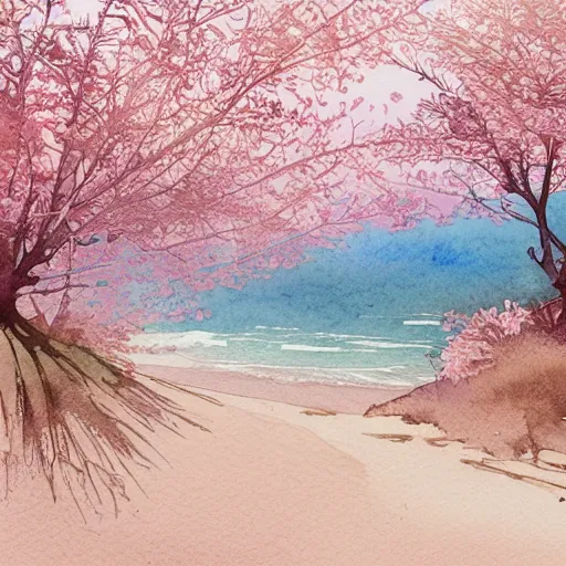 Image similar to a beautiful and inspiring intricate watercolor illustration of a beach landscape view, pink sakura trees growing by the beach, 4 k, ultra - wide angle, by william turner, by victo ngai, by alphonse mucha, by miho hirano, hd, trending on artstation, hyper detailed, muted colors, inspiring, beautiful, paradisiac