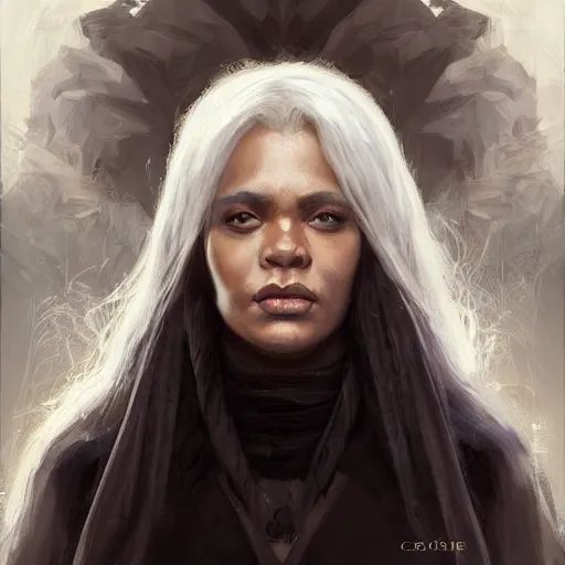 Image similar to headshot immortal blac female wizard ; black brown skin ; white hair ; wise, realistic shaded lighting poster by craig mallismo, artgerm, jeremy lipkin and michael garmash, unreal engine, radiant light, detailed and intricate environment, digital art, art station trends