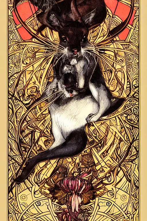 Image similar to Tarot card illustration of The Stoat, illustration by Ayami Kojima, furry art, art nouveau style, 4k