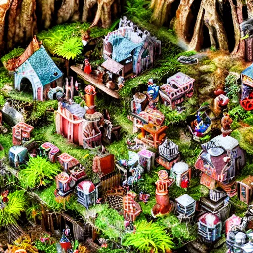 Image similar to macro photo of a miniature secret hidden world with tiny buildings and people invaded by giant ants