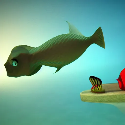 Image similar to a 3d render of two fish underwater, with a boat on top of the sea , in the style of a pixar cartoon, disney cartoon