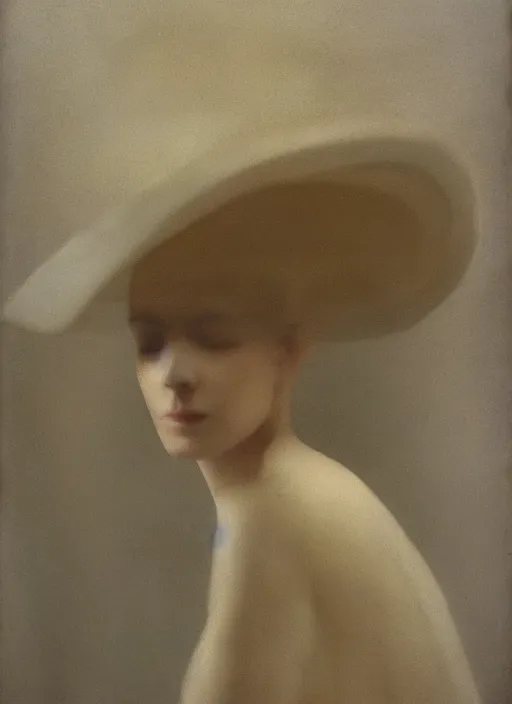 Prompt: out of focus photorealistic portrait of a beautiful!!!! pale young woman by sarah moon, very blurry, translucent white skin, closed eyes, foggy, closeup, with a weird hat