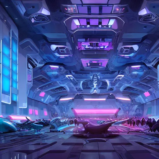 Image similar to hyperrealistic futuristic convention hall with various alien species, very detailed, technology, cyberpunk, dark blue and pink volumetric light, cgsociety, in the style of artgerm and artstation