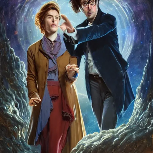 Image similar to david tennant as tenth doctor who and hermione granger in tardis, highly detailed, artstation, concept art, fantasy, smooth, sharp focus, illustration, perfect face, art by nikolay makovsky, jacek malczewski, arthur hughes, edward okun, franz xaver winterhalter